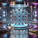 A futuristic illustration of a quantum computer in a high-tech environment. The central quantum computer is sleek, with glowing qubits suspended as lu