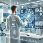 An image depicting AI in healthcare A doctor is analyzing a digital screen with AI-generated diagnostic results. The setting is a modern medical envi